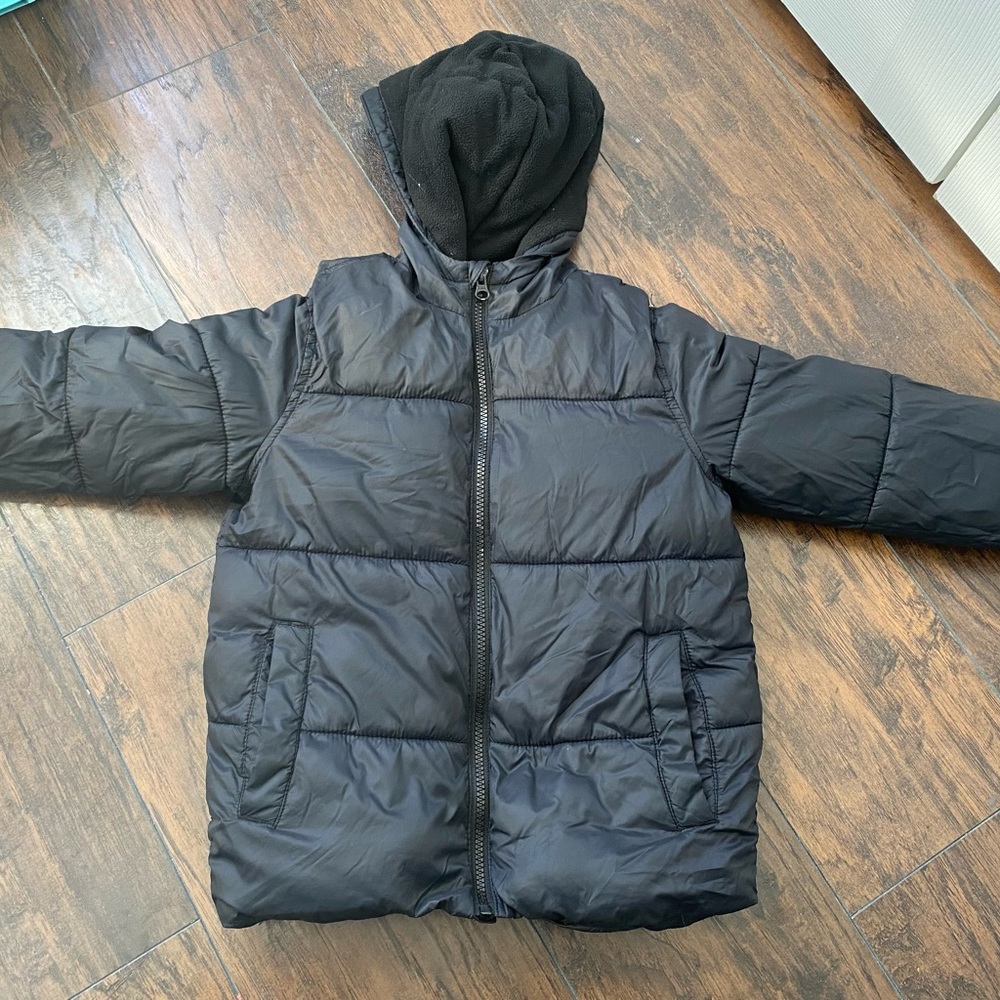 Black puffer jacket, good condition.